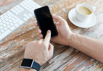 Wall Mural - close up of hands with smart phone and watch