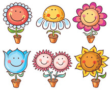 Flowers In Pots As Cartoon Characters With Faces