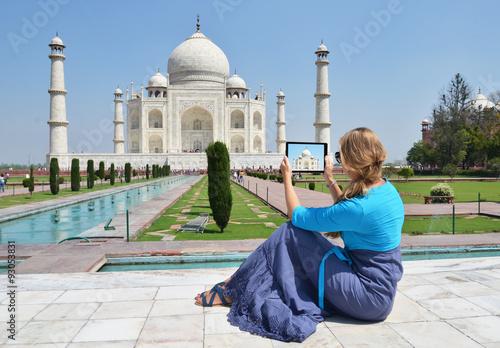 Taj Mahal on the screen of a tablet. Agra, India Poster