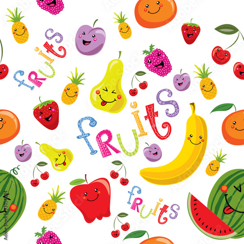 Cute Kawaii Smiling Fruits Healthy Style Collection Vector Illustration Seamless Background Stock Vector Adobe Stock