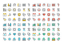 Flat Line Colorful Icons Collection Of Healthcare Services, Online Medical Support, Health Insurance, Pharmacy And Family Health Care, Disease Prevention