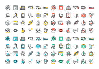 Wall Mural - flat line colorful icons set of healthcare and medicine, medical services and support, health care f