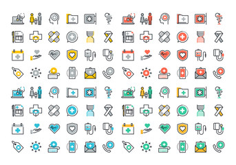 Wall Mural - flat line colorful icons collection of healthcare services, online medical support, health insurance