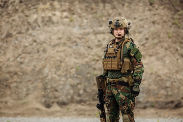 Wall Mural - portrait of the special forces ranger on battlefield