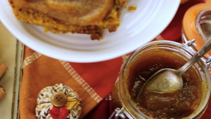 Wall Mural - Homemade pumpkin butter with pumpking bread on the table