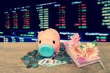 Piggy Bank With Bunch Of Flower On Pile Of Coins And Banknote ,vintage Tone