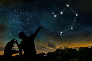 Wall Mural - libra constellation of zodiac on night sky. astrology concept. silhouettes of adult man and child ob