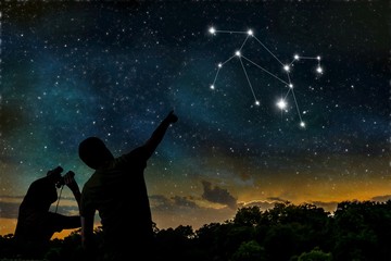 Wall Mural - leo or lion constellation of zodiac on night sky. astrology concept. silhouettes of adult man and ch
