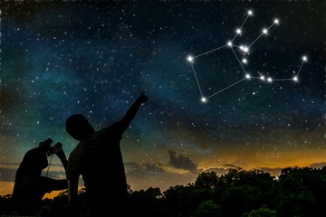 Wall Mural - pegasus constellation on night sky. astrology concept. silhouettes of adult man and child observing 