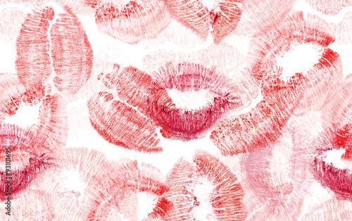 Fototapeta na wymiar seamless background with red lips imprints on white