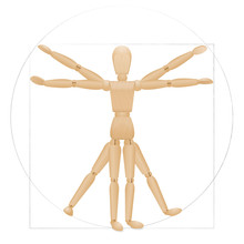 Vitruvian Mannequin - Sacred Geometry In Graphic Art And Anatomical Proportions Represented By A Wooden Lay Figure. Illustration Over White Background.