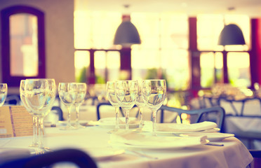 Served dinner table in a restaurant. Defocused background