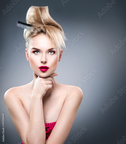 Fototapeta na wymiar High fashion model girl portrait with updo hairstyle