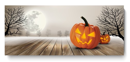 Wall Mural - Holiday Halloween Banner with Pumpkins and Moon. Vector