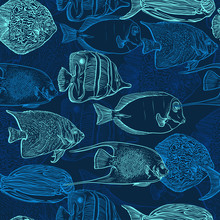 Seamless Pattern With Collection Of Tropical Fish.Vintage Set Of Hand Drawn Marine Fauna.Vector Illustration In Line Art Style.Design For Summer Beach, Decorations.