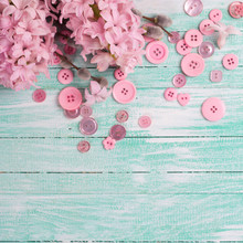 Postcard With Hyacinths And Willow Flowers And Pink Buttons  On