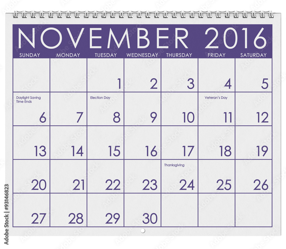 2016 Calendar: Month Of November With Thanksgiving Stock Photo