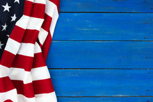 American Flag On Rustic Royal Blue Wood Background