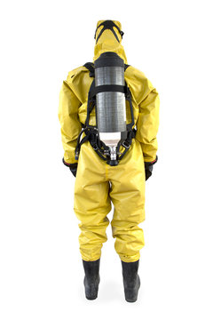 Fototapete - chemist  in a protective suit and breathing apparatus isolated under the white background