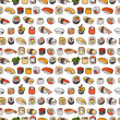 sushi seamless pattern. Colorful pattern with different types of sushi and rolls. Asian motif.