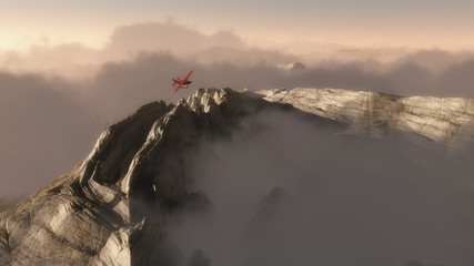 Wall Mural - Aerial of private airplane flying over rough mountain landscape