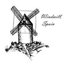 Don Quixote Windmills In Consuegra Spain Sketch Hand Drawn Graphics Ink Vector Illustration