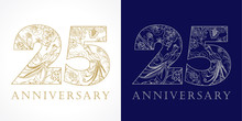 25 Anniversary Vintage Logo. Template Numbers Of 25th Jubilee In Ethnic Patterns And Birds Of Paradise.