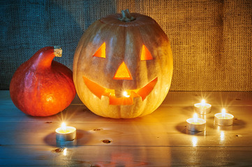 Halloween red and orange pumpkins jack lantern with candles