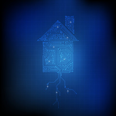 Wall Mural - Vector : Electronic circuit in house and ground on blue technolo