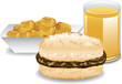 Illustration of a fast food breakfast including potato  rounds, a sausage biscuit and glass of orange juice.