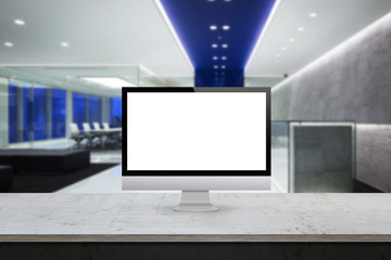 Wall Mural - computer monitor on the desk office interior in the background display mock up
