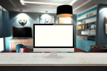 Poster - computer monitor on the desk home room interior in the background display mock up