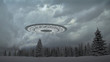 UFO in the mountains above the snow-covered forest