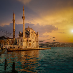 Iconic view of Istanbul from Ortakoy with The Bridge, The Mosque and The Bosphorus