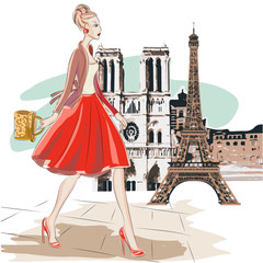 Wall Mural - Fashion woman in red skirt walks around Paris near Eiffel Tower