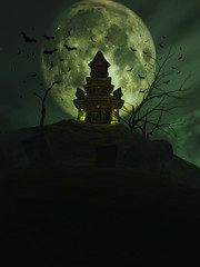 Wall Mural - 3d halloween castle with bats in the sky