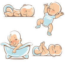 Set With Cute Baby Boys 0-12 Months. Various Poses. First Year Activities. Sleeping Positions, On Stomach, On Back, Legs In Hands. Swimming In Bath. Vector Illustration Isolated On White Background
