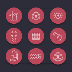 Sticker - Power, energy production, energetics, solar, nuclear energy, line round red icons, vector illustration