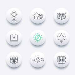 Sticker - Solar energy, solar panels, plant, line round modern icons, vector illustration