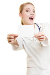 Wall Mural -  Doctor woman holding blank copy space card