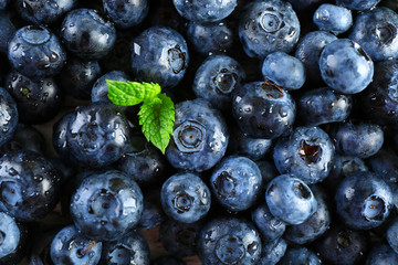 Poster - Tasty ripe blueberries with green leaves close up