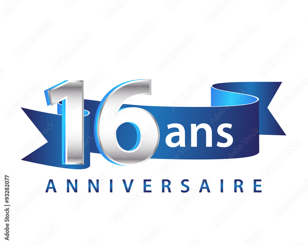 16 Ruban Bleu logo Anniversaire - obrazy, fototapety, plakaty 