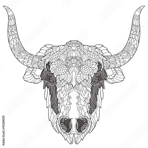 Yak head doodle with black nose on white background.Vector illustration