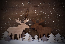 Christmas Decoration, Moose Couple In Love, Trees And Snowflakes