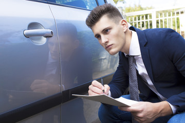 beautiful young insurance agent watching car damaged.