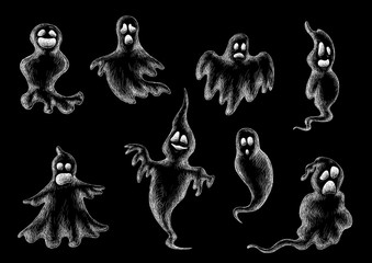 Wall Mural - Halloween flying ghost sketches on black