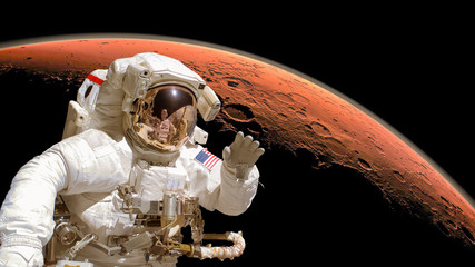 close up of an astronaut in outer space, planet mars in the background. elements of the image are fu
