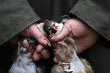 © Mint Images - Man's hands holding two small dead partridges on game shoot