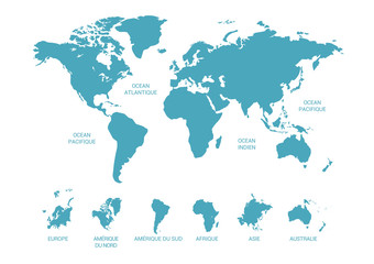 carte du monde, continent et océans