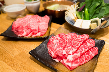 Canvas Print - Fresh Beef and pork slices for Shabu shabu and Sukiyaki